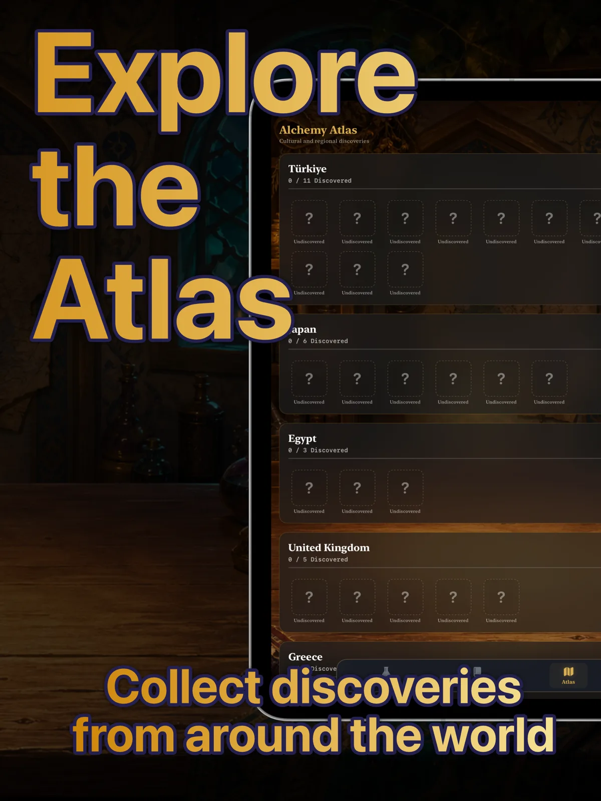 Alchemy Atlas on iPad showing a Grimoire and Atlas view.