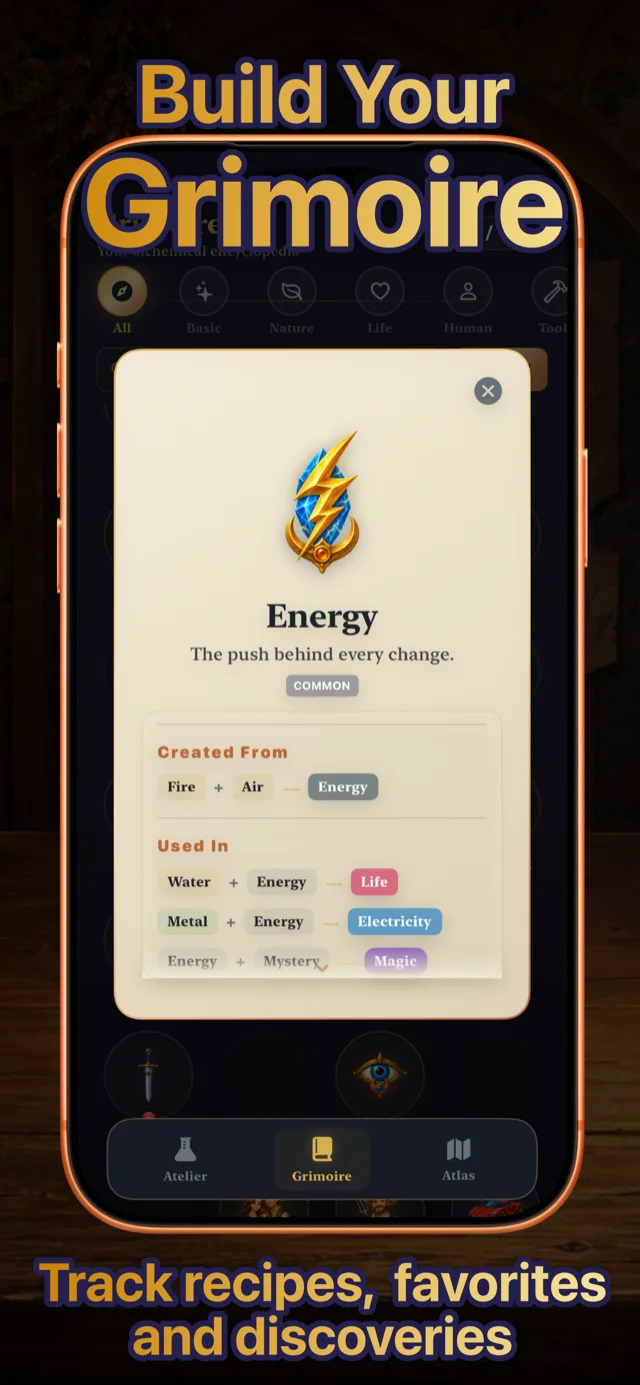 A Grimoire entry for the Energy element showing its description, rarity, the recipe it comes from, and recipes it is used in.